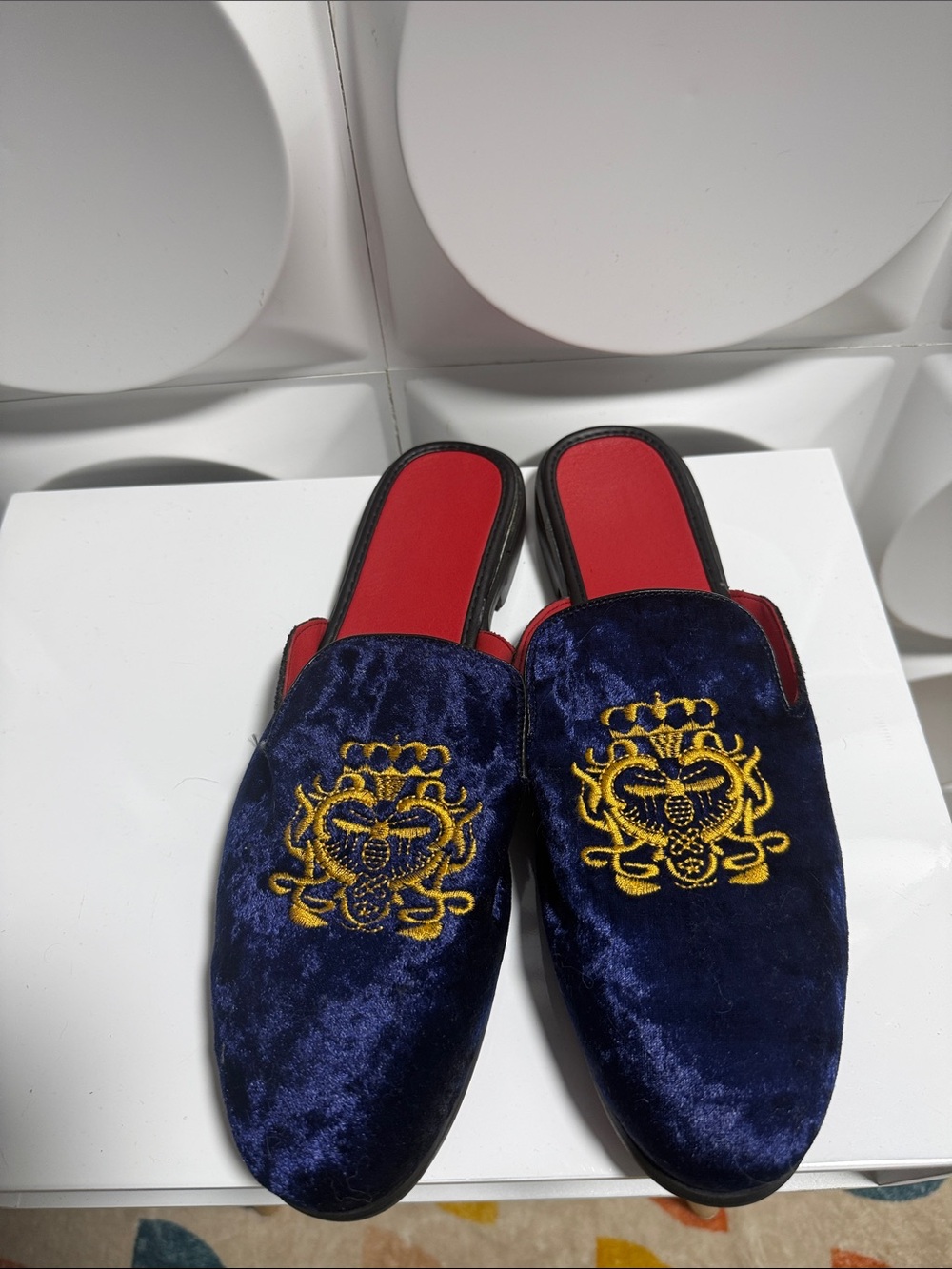 Velvet Embroidered Slip-On Mules in Navy and Red